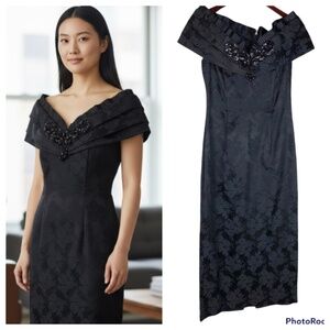 Vtg 90s Gunne Sax Jessica McClintock Dress 9/10 Off Shoulder Black Floral